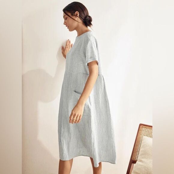 Lintico Morgan 100% Linen Striped Short Sleeve Midi Dress Boho Lagenlook Size S - Picture 5 of 16